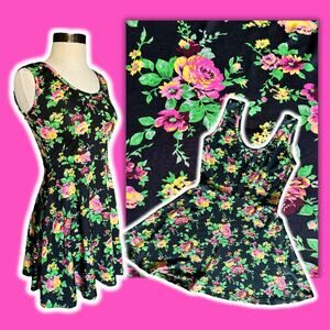 Floral Rose Pink Black Skater Dress Spring Summer Fall Winter WhimsyGoth Punk